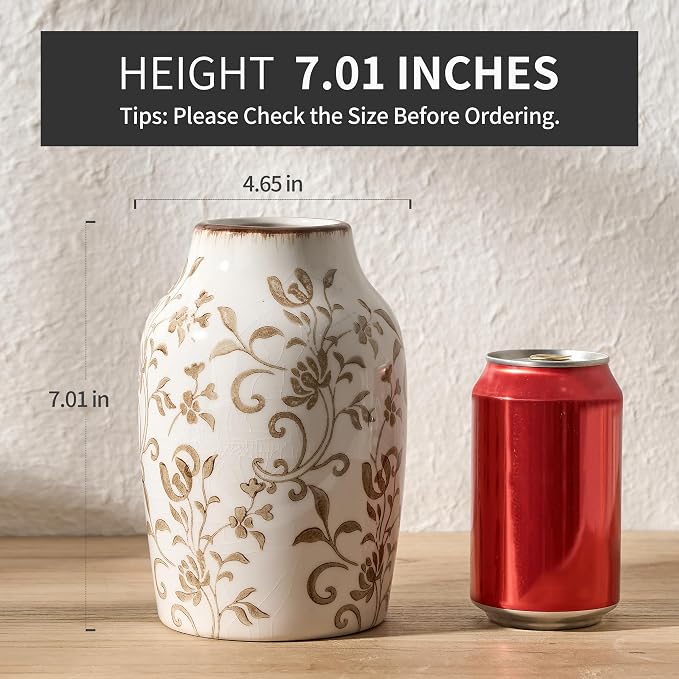 SIDUCAL Ceramic Vintage Vase, 7 Inch Retro Ice Cracked Chinoiserie Floral Vase - Image 2