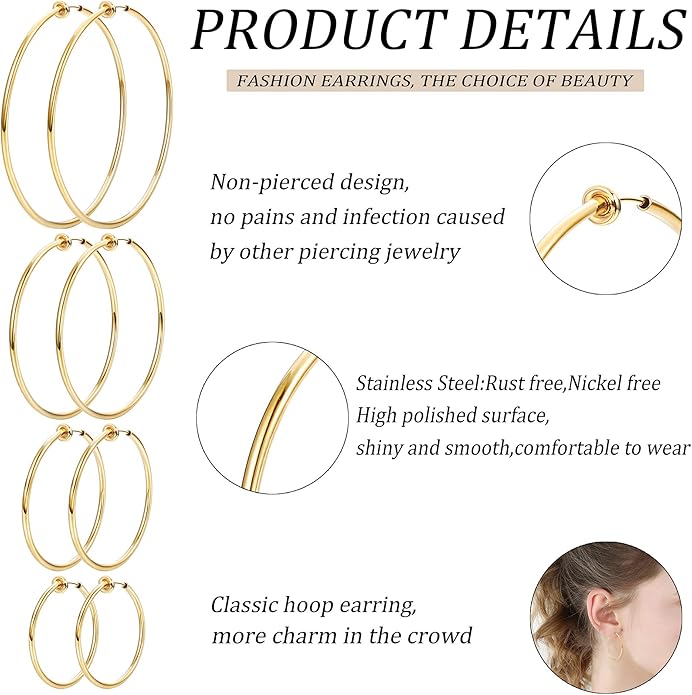 Magitaco 8 Pairs Clip On Hoop Earrings Stainless Steel Clip On Earrings for Women Fake Hoop Earring Spring Hoop Earring For Non-Pierced Ears