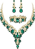 BriLove Women's Wedding Bridal Austrian Crystal Teardrop Flower Cluster Statement Necklace Dangle Earrings Jewelry Set for Party Prom