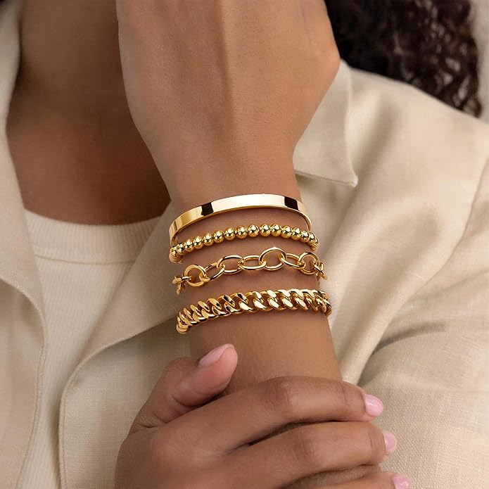 Gold Bracelets Set for Women Stack, Dainty Thick Bracelets Stack for Women Trendy, Simple Thin Gold Plated Cuff Stackable Bracelets With Beaded Cuban Paperclip Snake Rope Bangle Hand Chain Jewelry Gifts for Women Non Tainish