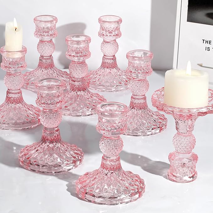 12Pcs Pink Candlestick Holders Set- 4" H Taper Candle Holders Bulk, Glass by DARJEN