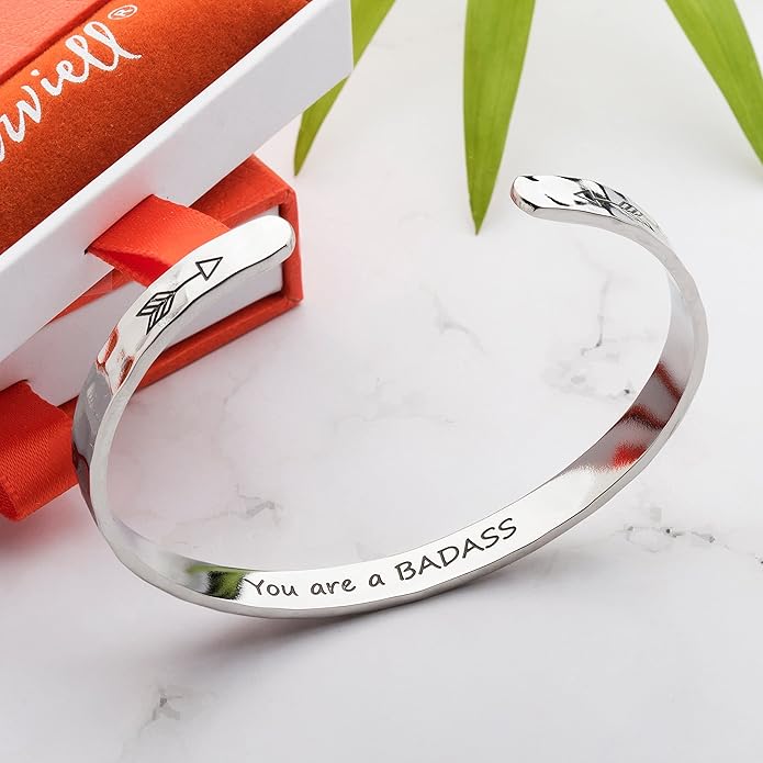 Carviell Engraved Cuff Bracelets for Women – Inspirational, Friendship, Love, Mom, Daughter, Sister, Christian, Graduation, Memorial & Wedding Gifts – 80+ Phrases – Stainless Steel, Gift-Ready