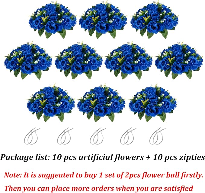 BLOSMON Royal Blue Flowers for Decoration: 10 Pcs Fake Roses Kissing Balls for - Image 6
