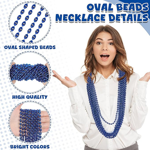 100PCS Blue Bead Necklace, Oval Blue Beads Stuff Accessories, 32" Mardi Gras Beads Necklace Costume, Festival Events Parade Throw for Xmas Mardi Gras Wedding Gender Reveal Party Supplies