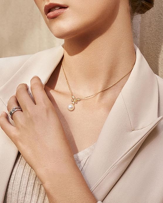 Pearl Necklace for Women with 14K Gold Plated S925 Silver & Butterfly Pendant Necklace, 17.7"+2" Chain Length, Gift for Birthday, Mothers Day, Christmas, Anniversary, Graduation