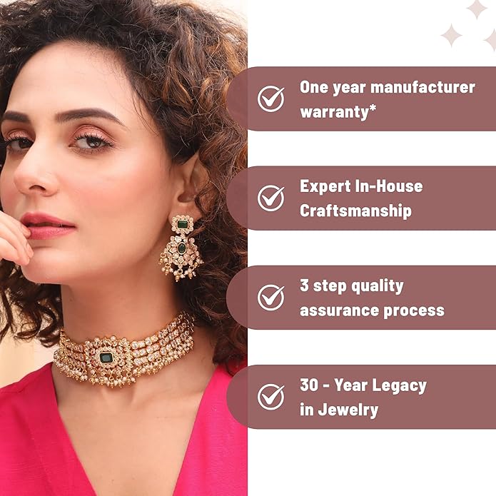 TARINIKA Brass Indian Choker Necklace Set - Gold Plated Cubic Zirconia Indian Jewelry Sets for Women Dangle, Drop, Jhumka Earrings Traditional Desi Necklace Pearls Gift for her
