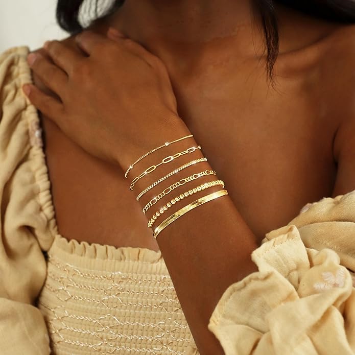 DEARMAY Gold Bracelets for Women Waterproof, 14K Gold Plated Jewelry Sets Trendy Thin Dainty Stackable Cuban Link Paperclip Chain Bracelet Pack Fashion Accessories Gifts for Womens