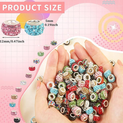 100Pcs Rhinestone Large Hole Beads Spacer Beads Mixcolor European Craft Big Beads Large Hole Rhinestones Lampwork Murano Bead Fairy Wand Garden Beads for DIY Bracelet Necklace Jewelry Making Supplies