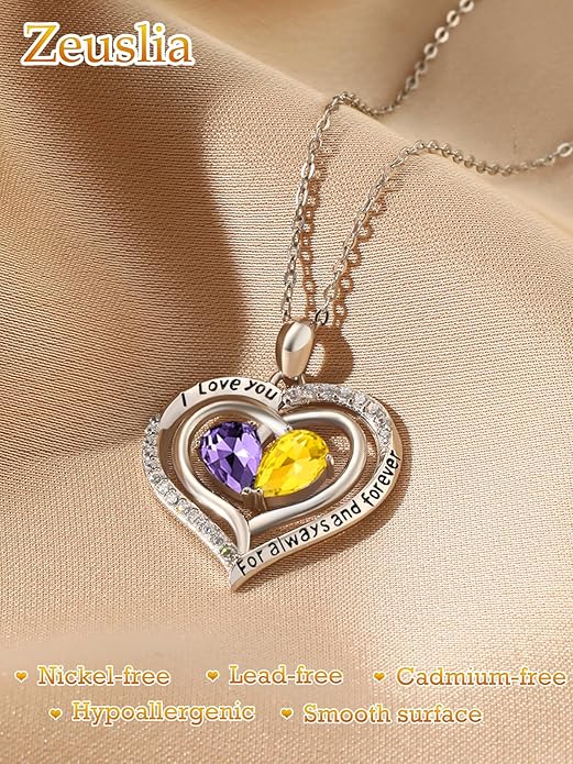Valentine's Day Gifts for Wife 925 Sterling Silver Double Birthstone Pendant Necklaces I Love You for Always and Forever Necklace Anniversary Birthday Gifts for Wife Girlfriend Mom Her