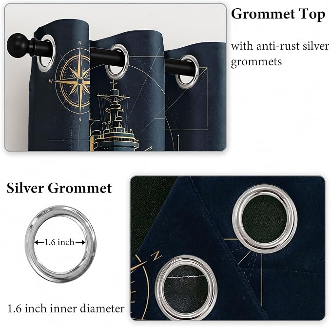 Navy Blue Warship Blackout Curtains 52 x 84 Inch Length Set of 2 | Nautical - Image 4