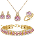 4pcs Cubic Zirconia Wedding Jewelry Sets for Bride Bridesmaid Cubic Zirconia Pendant Necklace Earrings Link Tennis Bracelet Open Ring Set for Women