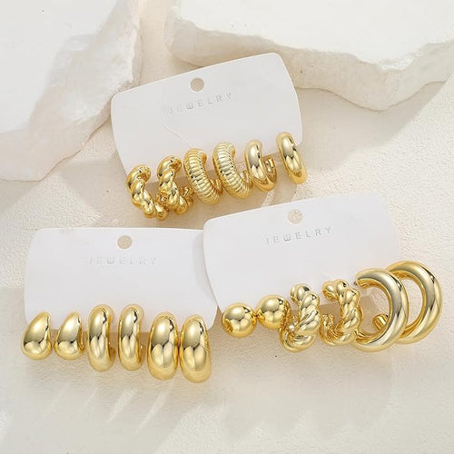 12 Pairs Chunky Gold Hoop Earrings for Women Trendy, Gold Plated Lightweight Hypoallergenic Stack, Thick Open Twisted Huggie Hoops Earring Set