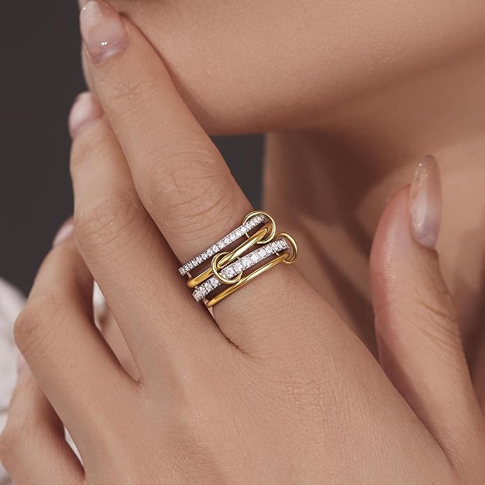 Gelbesty Stackable Gold Silver Band Rings for Women, Statement Chunky Cubic Zirconia Rings, Fashion Unique Designer Mixed Metal Jewelry Size 5/6/7/8/9/10/11