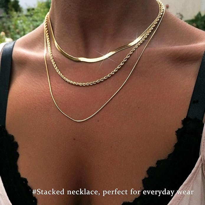 3PCS Gold Necklaces for Women,Chunky Statement Gold Plated Necklace Stack Layered Sterling Silver Herringbone Chains for Women Dainty Trendy Silver Chains Stacked Jewelry Gifts
