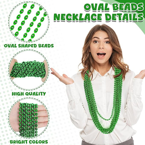 100PCS Bead Necklace, Green St Patricks Oval Beads Necklace Accessories, Mardi Gras St Patricks Xmas Necklaces, Festive Accessories for Christmas Mardi Gras St. Patricks Parade Throw Decorations
