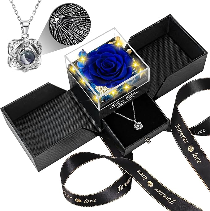 Preserved Blue Real Rose -Eternal Flowers Rose Birthday Gifts for Her Mom Wife Girlfriend Grandma on Valentines Mothers Day Christmas Anniversary Romantic-Blue