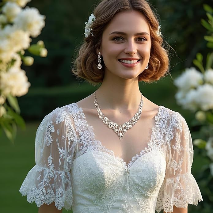 BriLove Women's Wedding Bridal Austrian Crystal Teardrop Cluster Statement Necklace Dangle Earrings Jewelry Set