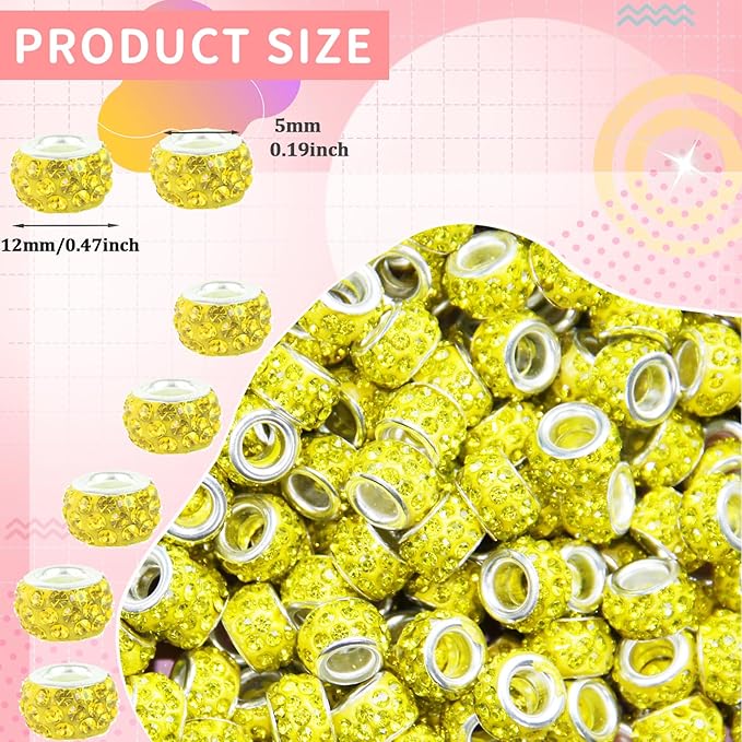 100Pcs Rhinestone Large Hole Beads Spacer Beads Yellow European Craft Big Beads Large Hole Rhinestones Lampwork Murano Bead Fairy Wand Garden Beads for DIY Bracelet Necklace Jewelry Making Supplies