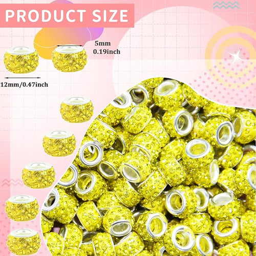 100Pcs Rhinestone Large Hole Beads Spacer Beads Yellow European Craft Big Beads Large Hole Rhinestones Lampwork Murano Bead Fairy Wand Garden Beads for DIY Bracelet Necklace Jewelry Making Supplies