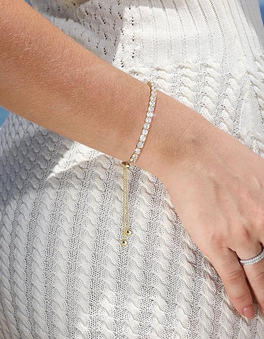 KRKC&CO Tennis Bracelet, Adjustable Length S925 Sterling Silver 2/3/4mm, Christmas Birthday Gifts for Her, Gift Box, Cubic Zirconia Bolo Bracelets for Women White/14K Gold Plated, Hypoallergenic
