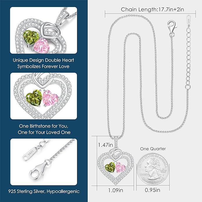 LOUISA SECRET Sparkling Double Heart Birthstone Necklaces for Women, 925 Sterling Silver Fine Jewelry, Pendant Heart Necklaces Birthday Anniversary Christmas Gift for Women Wife Mom Girlfriend Lady