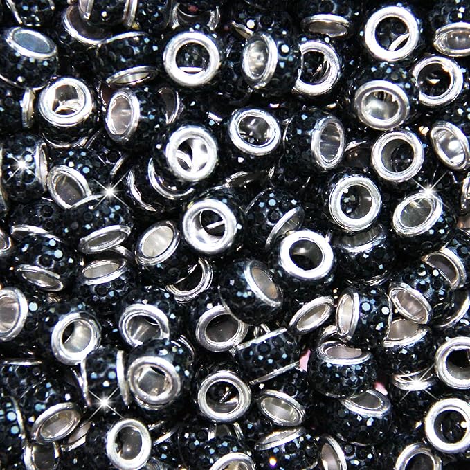60Pcs Rhinestone Large Hole Beads Spacer Beads Black European Craft Big Beads Large Hole Rhinestones Lampwork Murano Bead Fairy Wand Garden Beads for DIY Bracelet Necklace Jewelry Making Supplies