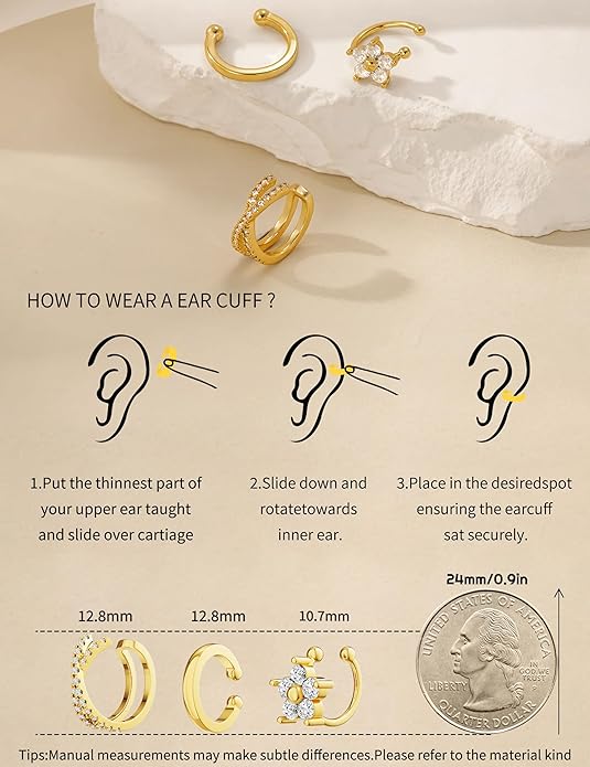 3Pcs Ear Cuffs Non Piercing for Women - Trendy 14K Gold Plated Cuffs Earrings with Cubic Zirconia - Dainty Clip On Cartilage Earring Jewelry