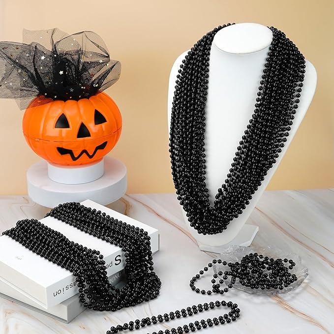 100 PCS Black Bead Necklaces, Black Mardi Gras Beads, New Year Eve Necklaces, 33 Inch Round Halloween Beaded Necklaces, Party Beads for Mardi Gras, Christmas, Halloween, New Year Party Favors