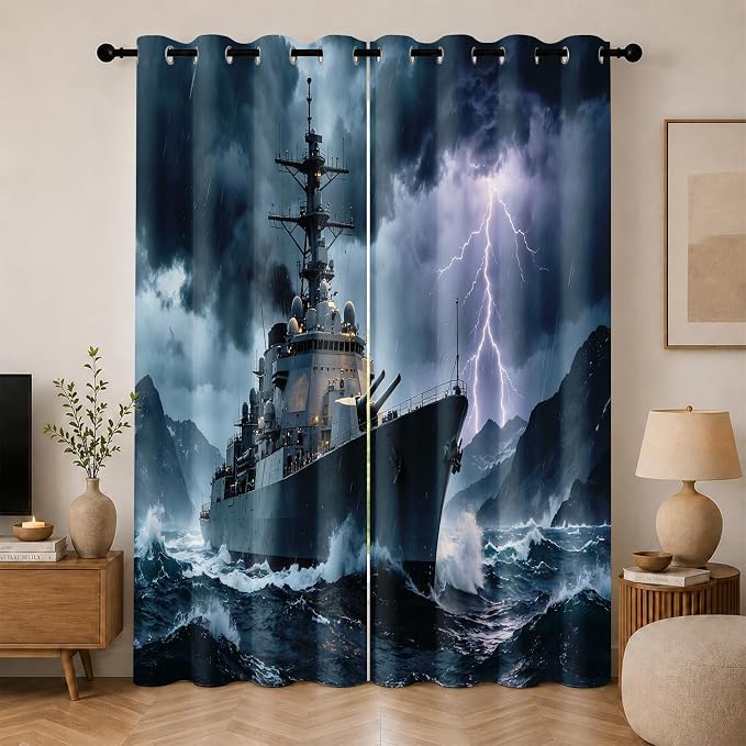 Naval Warship Blackout Curtains 52 x 84 Inch Length Set of 2 | Storm Battleship by Unknown