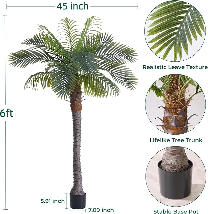 6FT Artificial Coconut Palm, Faux Coconut Silk Palm Tree in Pot | Thick Trunk - Image 3