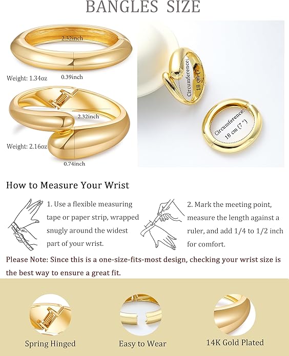 2pcs Gold Bangle Bracelets for Women, Trendy Hinged Cuff Open Wide Chunky Gold Bracelet Stack Arm Cuff Jewelry for Women