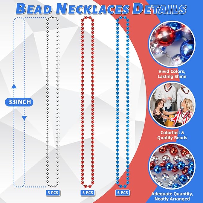 YAXINRUI 15 PCS 4th of July Necklace Patriotic Beads Necklaces, 4th of july Accessories 33 Inch Independence Day Necklaces Beads for Patriotic Parade Party