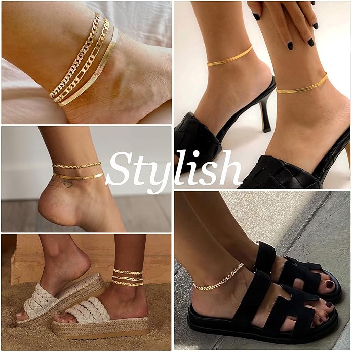 DEARMAY Dainty 14K Gold Plated Ankle Bracelets for Women, Waterproof 14K Gold Plated Link Chain Anklets Non Tarnish Set Pack Summer Beach Jewelry Gift