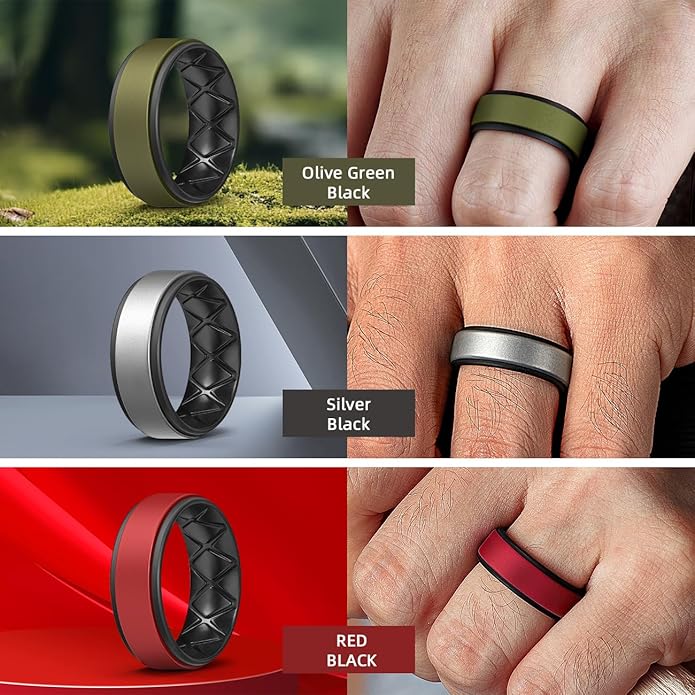 Egnaro Silicone Rings for Men 1/4/5/6/7 Multipack of Breathable Mens Silicone Rubber Wedding Rings Bands - Step Edge