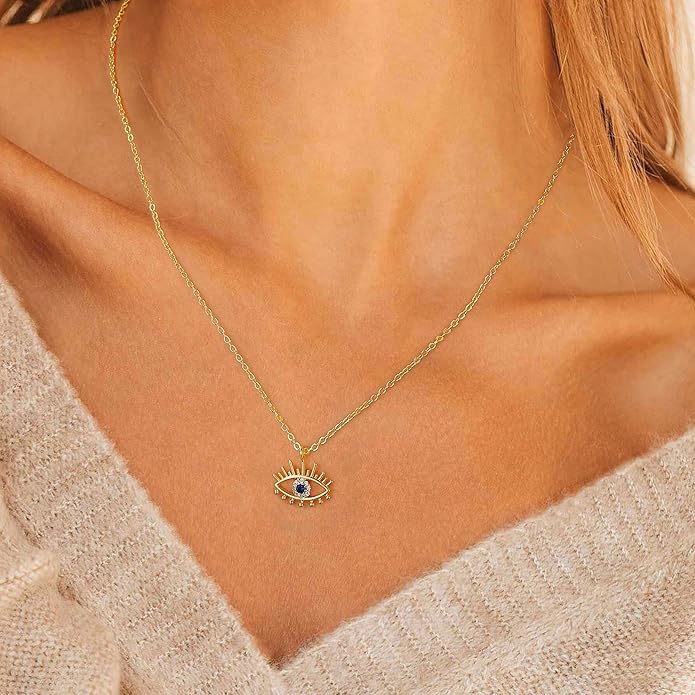 Evil Eye Necklace for Women 14K Gold Plated Delicate Necklaces Blue White CZ Diamond Pendant Necklace Cute Boho Tiny Evil Eye Lucky Protection Jewelry Gift for Women