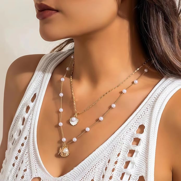 Shell Starfish Necklace for Women, 14k Gold Plated Boho Layered Beaded Charm Pendant Necklace, Dainty Adjustable Pearl Conch Summer Beach Vacation Jewelry Gifts