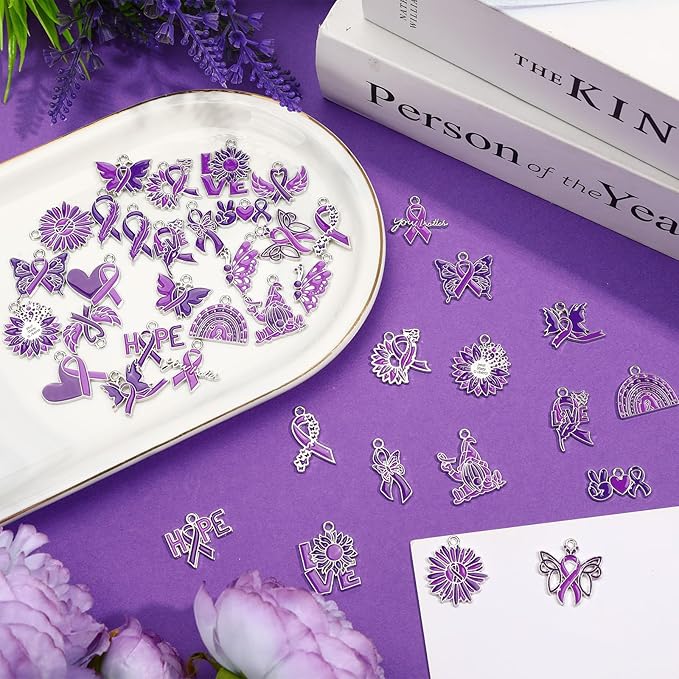 MARFOREVER 40 Pcs/20 Pairs Domestic Violence Charms for Jewelry Making, Purple Ribbon Awareness Charm Alzheimers Pancreatic Cancer Charms Lupus Awareness Pendants for Bracelet Necklace Earrings Making