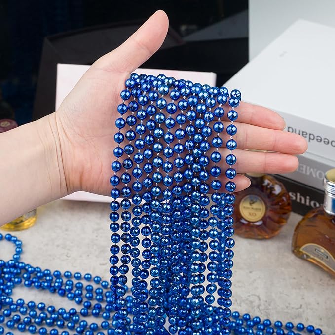 ZYFLSQ 100 Pcs 33" 7mm Metallic Blue Beads Necklaces, Bulk Mardi Gras Beaded Necklaces, Party Beads Costume Necklaces (Blue)