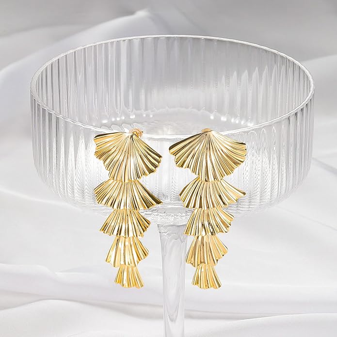 Chunky Gold Earrings-14K Gold Plated Ginkgo Leaf Bow Dangle Geometric Designed Drop Heart Teardrop Statement Chunky Earrings for Women