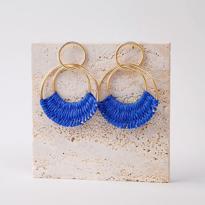 Raffia Hoop Earrings for Women Fun Boho Summer Beach Earrings Lightweight Handmade Straw Wicker Rattan Dangle Earrings Statement Geometric Round Drop Earrings