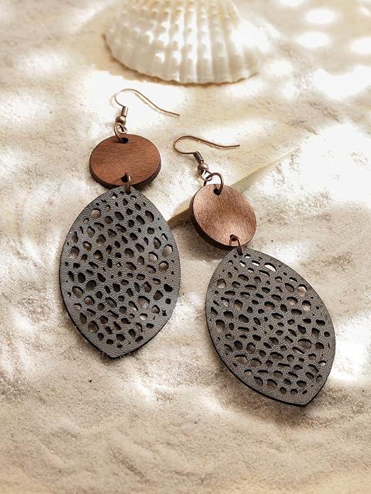 MINACHI Bohemian Hollow Cut-Out Wood Leather Dangle Drop Earrings, Boho Chic Hippie Statement Jewelry Gift for Women