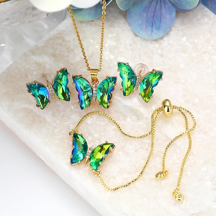 MISS RIGHT Butterfly Crystal Jewelry Set with Butterfly Necklace Stud Earrings Bolo Bracelet Adjustable Ring for Women Trendy, Iridescent Y2K Dainty Butterfly Jewelry Gifts