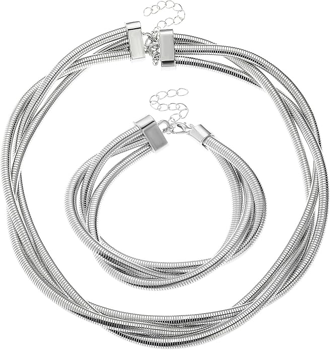 YBMYCM Chunky Gold-plated Silver Jewelry Set Multi Strands Stainless Steel Choker Necklace Bracelet Set for Women