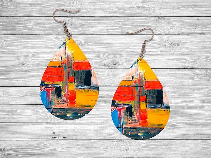 Teardrop Wood Earrings Light Weight Printed Image Dangle Jewelry, Fun and Funky