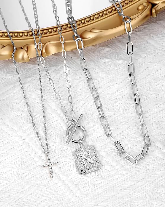 MJartoria Layered Initial Necklaces for Women Trendy, 14K Gold Plated Brass Simple Dainty Cross Choker Square Letter Pendant Necklace, Paperclip Chain Necklaces Jewelry