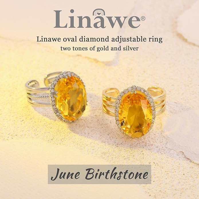 Linawe Birthstone Chunky Adjustable Rings for Women, Gold/Silver/Rose Gold Statement Rings, Imitation Diamond Fake Gemstone Crystal Cocktail Ring, Cubic Zirconia Costume Jewelry