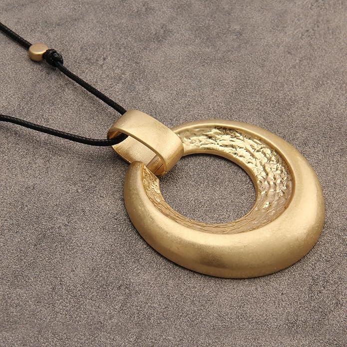 GelConnie Leather Necklace for Women Large Pendant Long Brown Necklace Circle Leather Choker Vintage Sweater Necklace Gold Chunky Boho Necklaces for Women
