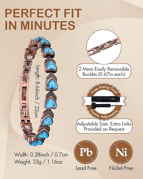 Feraco Pure Copper Bracelets for Women, Ultra Strength Magnetic Bracelet with 3800 Gauss Magnets & Natural Turquoise & Stones, Adjustable, Jewelry Gift