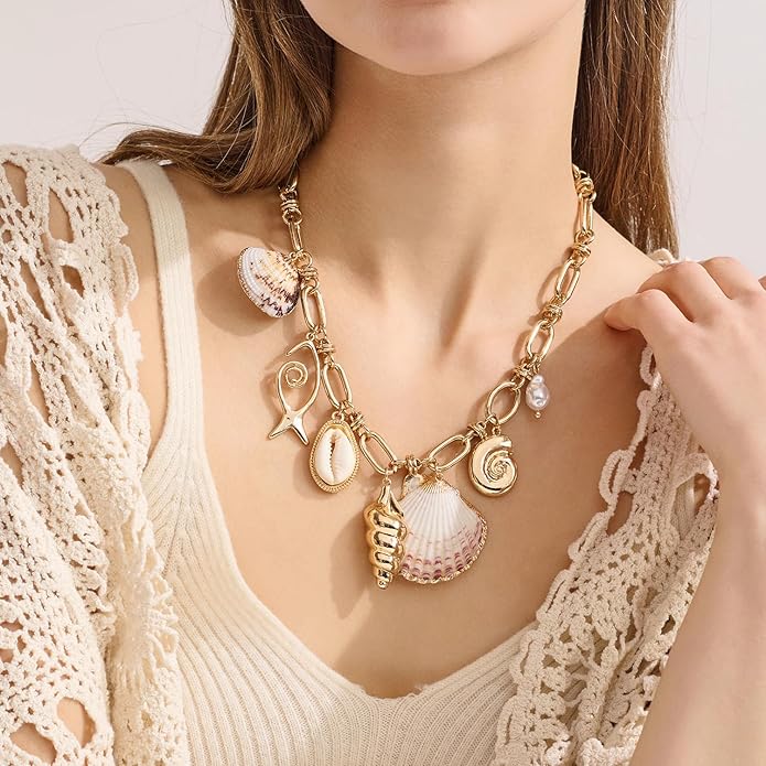 LILIE&WHITE Gold Sea Shell Necklaces for Women With Trendy Charms Necklaces Summer Beach Necklace Starfish Charms Fashion Jewelry Gift