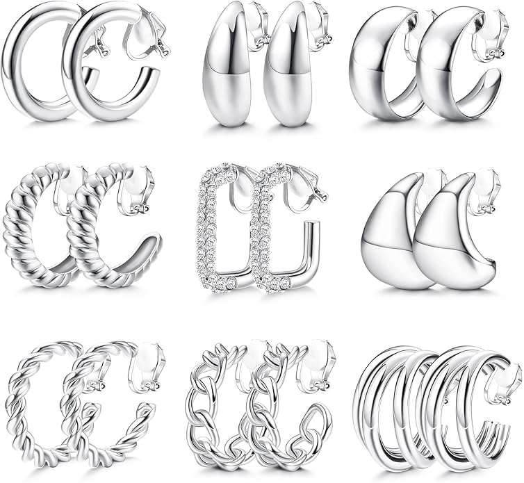 YADOCA 9 Pairs Gold Clip on Earrings for Women 14K Gold Plated Waterdrop Chunky Clip on Hoop Earrings No Piercing Fake Earrings Set